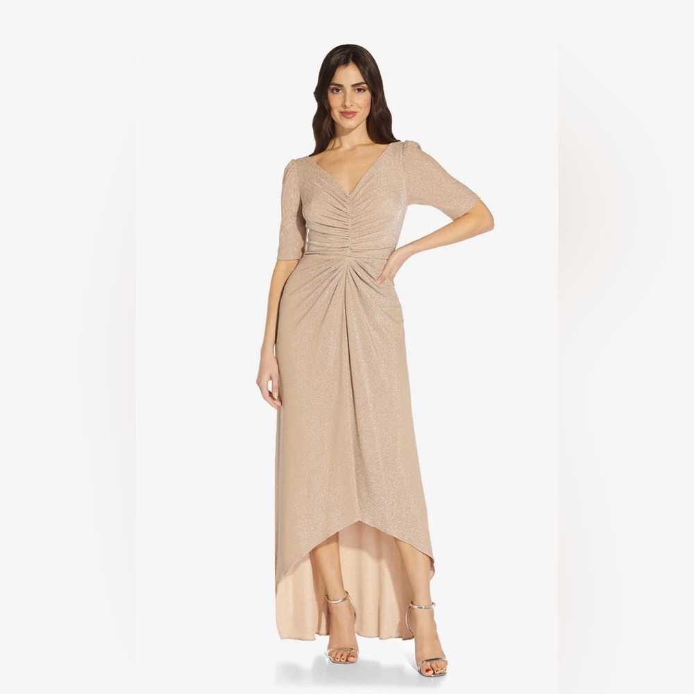 METALLIC KNIT RUCHED LONG HIGH/LOW GOWN IN CHAMPAGNE